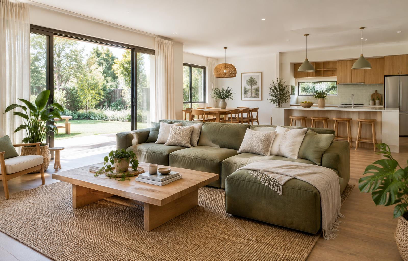 Welcoming shared lounge with a sage sofa, furnished kitchen and garden views